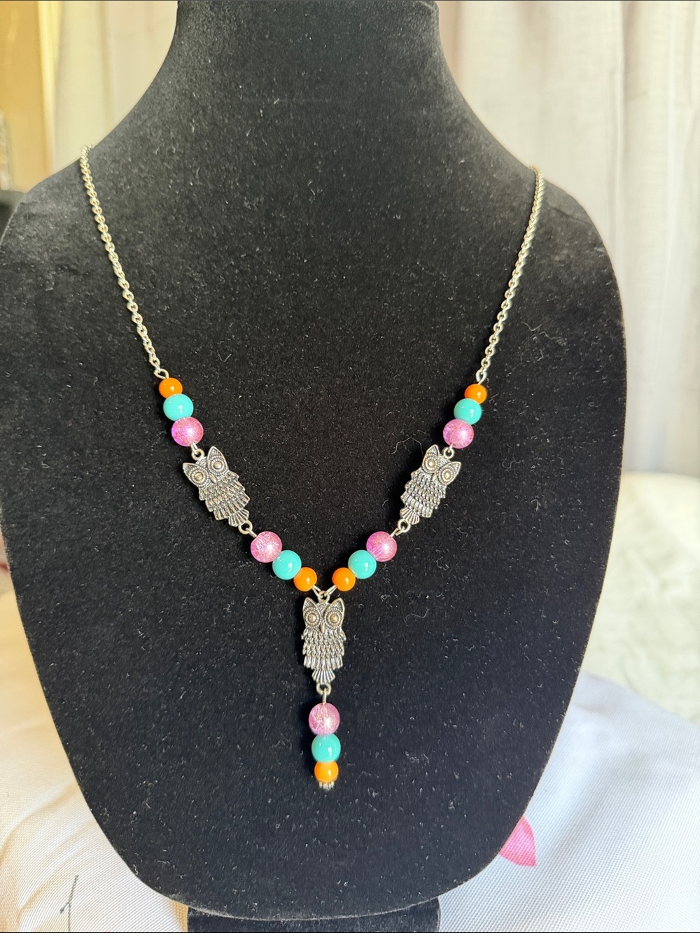 Boho Owl Pendant Necklace with Pink, Turquoise & Orange Beads